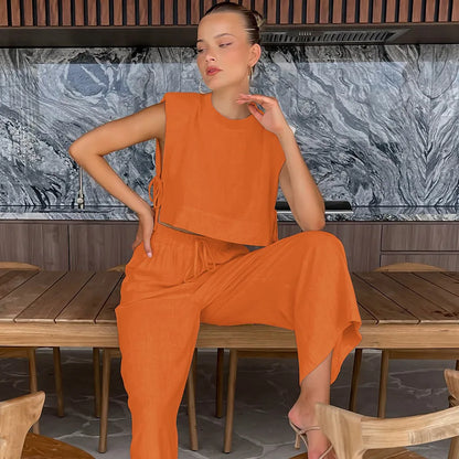 Sleeveless Wide Leg Two Piece Pants Set