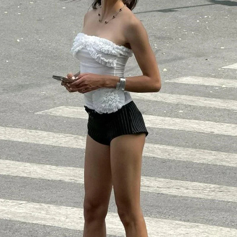 Ruffle Trim 3D Flower Backless Strapless