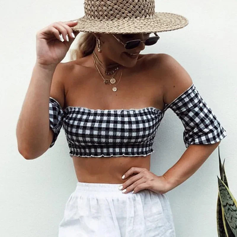 Plaid Print Bare Midriff Strapless