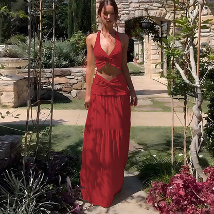 Hollow Out Patchwork Maxi Knit Set