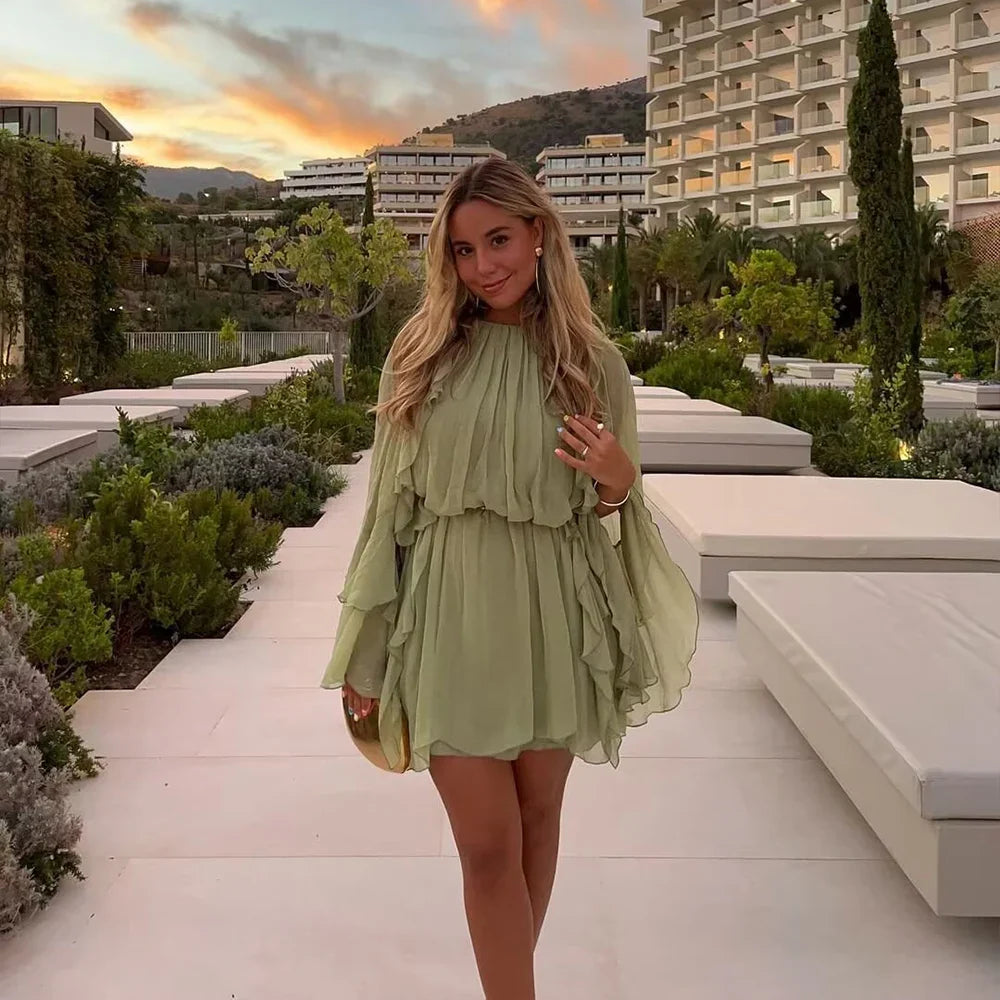 Pea Green Round Neck Frill Stacked Short Work Dress