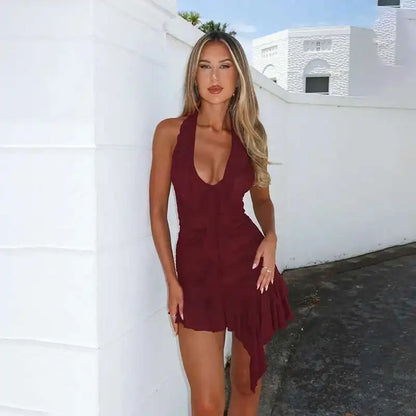 Ruffled Wrap Halter Backless Mini Summer Dress