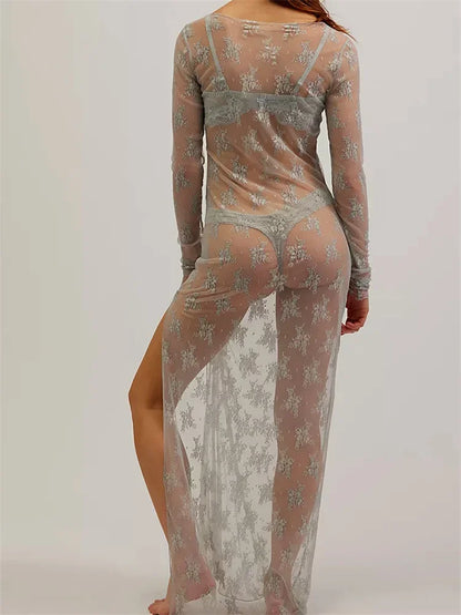 High Slit Swimwear Cover-Up Long Lace Dress