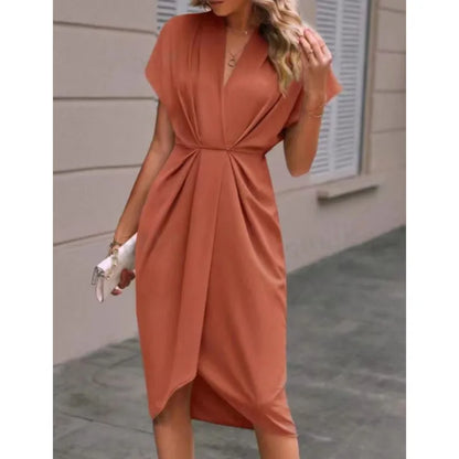 Short Sleeve Deep V Neck Draped High Waist Work Dress
