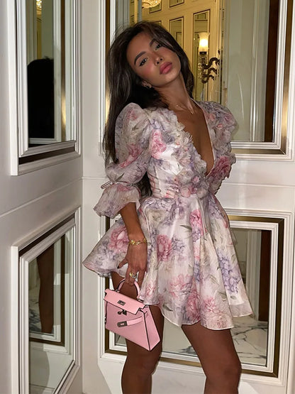 Patchwork Floral Mesh V Neck Mini Dress