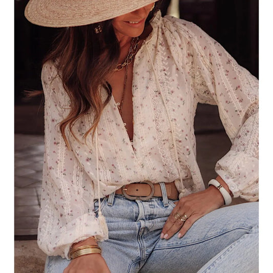 Boho Floral Printed Tassel Blouse
