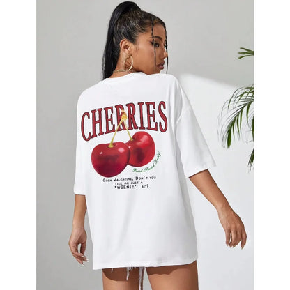 Cherry Print Loose Cotton T-shirt