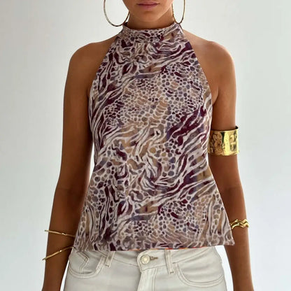 Y2K Button Closure Halter Backless Tie-Dye Cami Top