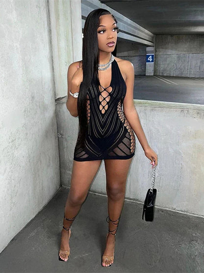 Transparent Lace Halter Backless Mini Dress