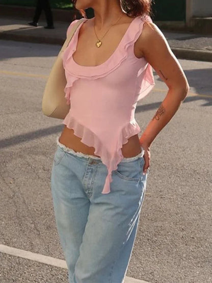 Fashion O-neck Sleeveless Mesh Sheer Top