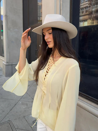 Light Yellow Chiffon Flare Sleeve Blouse