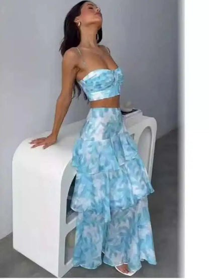 Printed Strapless Backless Skirt Set