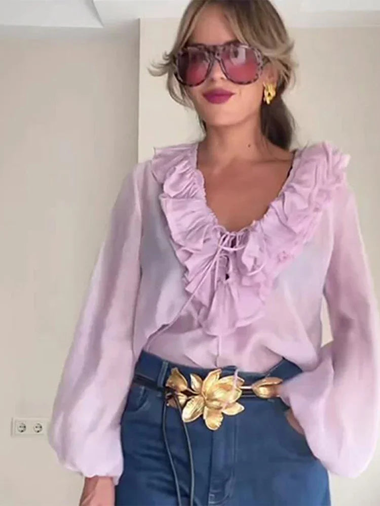 Women Ruffles Lace Up White V-neck Flared Blouse