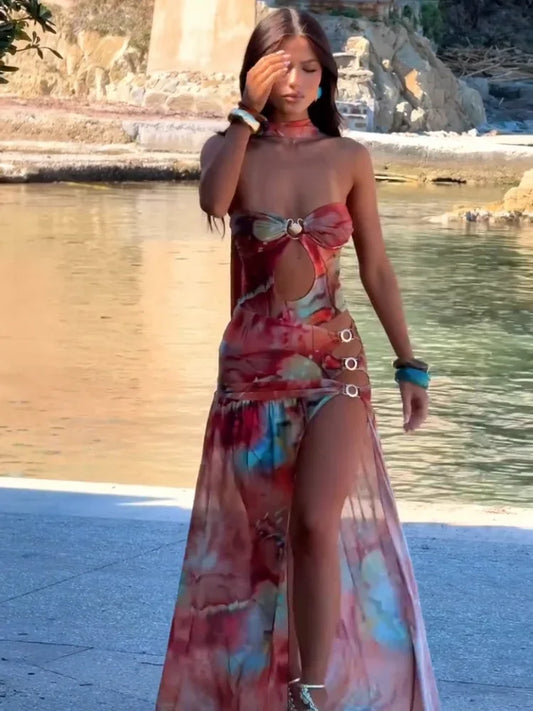 Strapless Pleated High Slit Floral Dress