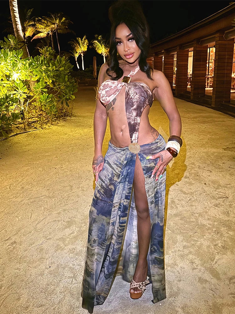 Metal Patchwork Hollow Split Maxi Dress