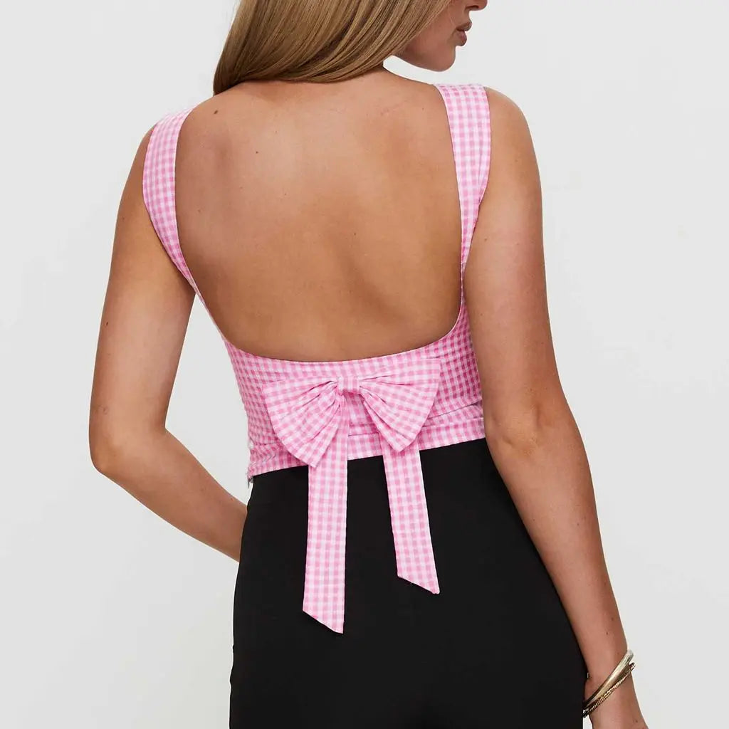 Y2K Cute Open Back Bow Decor Slim Fit Plaid Cami Top