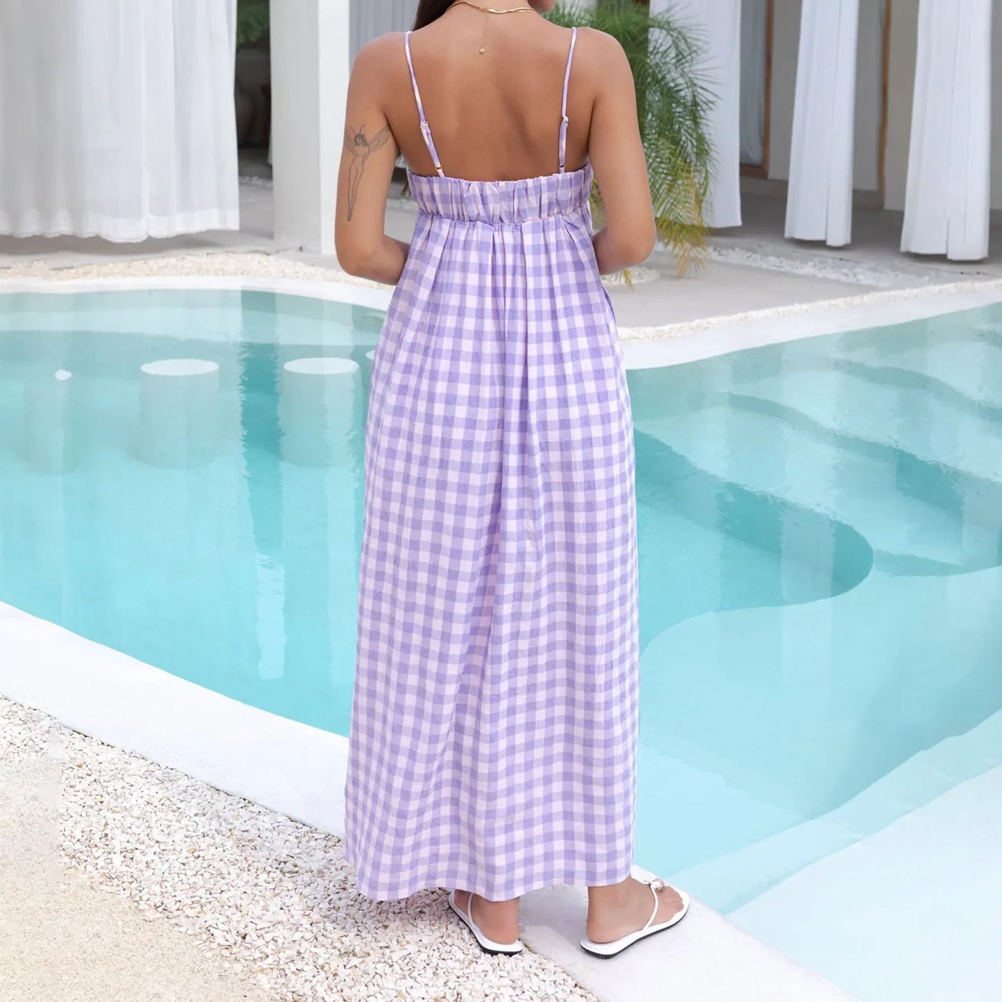 Backless Plaid Swing Slip Midi Dress