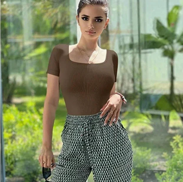 Ribbed Square Neck Sexy Thong Bodysuit Crop Top