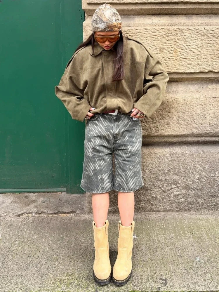 Brown Green Lapel Bomber Jacket