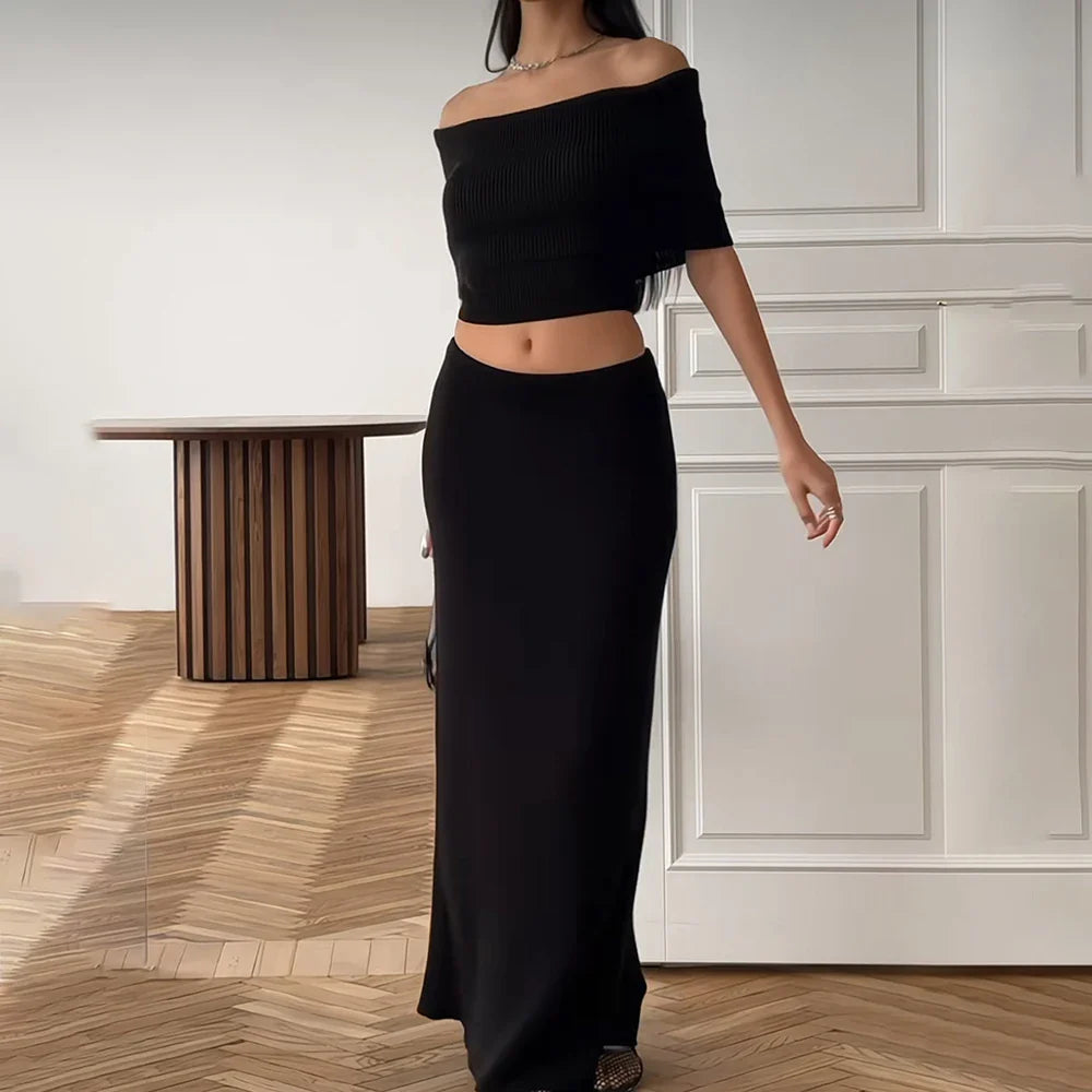 One Shoulder Slit Skirt Knit Set