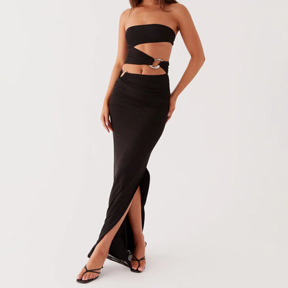 Hollow Strapless Metal Slit Midi Dress