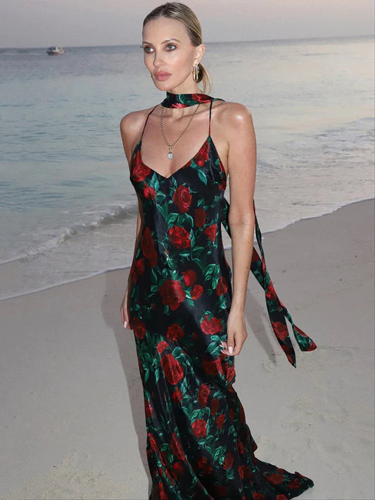 Halter Backless High Waist Floral Dress