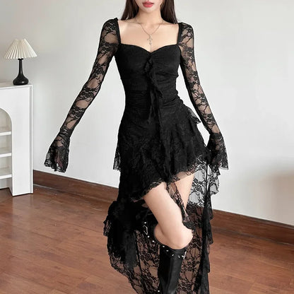 Flare Sleeve Square Neck A-Line Lace Dress