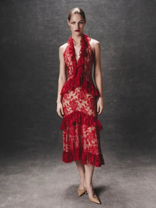 Halter Ruffles Floral Slim Midi Lace Dress