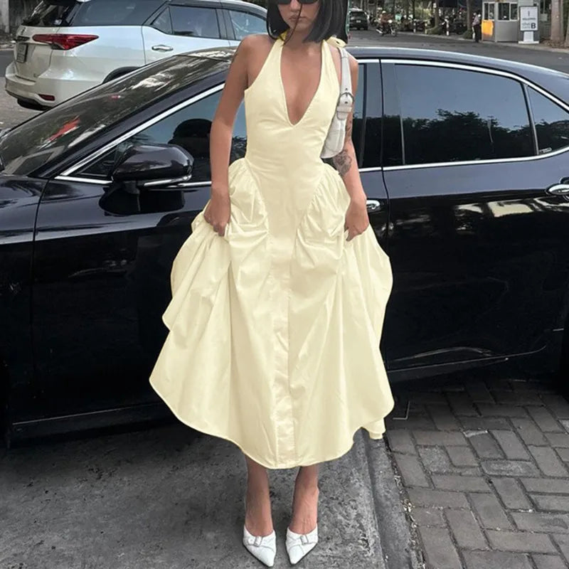 Backless Deep V Spliced Long Midi Dress