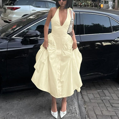 Backless Deep V Spliced Long Midi Dress