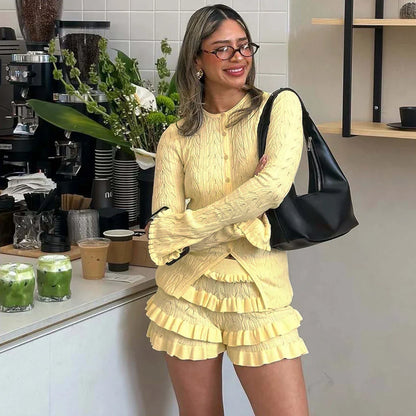 Knit Cardigan Ruffle Sleeve Top Solid Two Piece Shorts Set