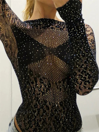 Rhinestone Mesh Bodysuit Sheer Top