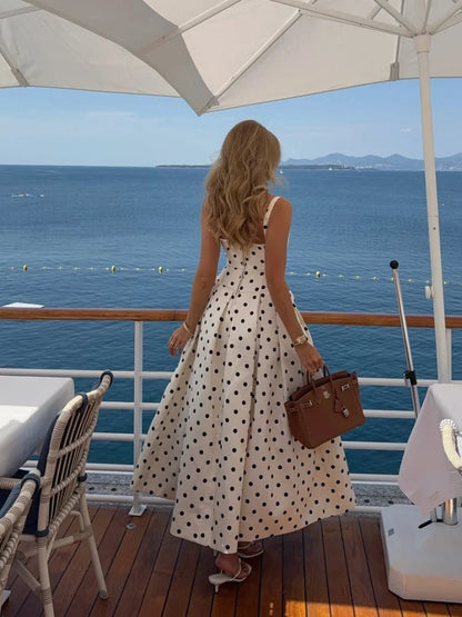 Polka Dot Square Neck Lotus Hem Silk Dress