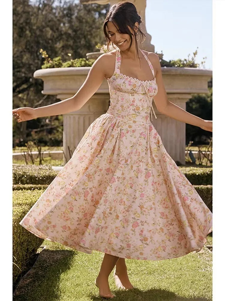 Waist Wrap Spaghetti A-Line Floral Dress