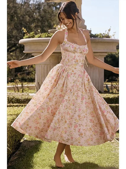 Waist Wrap Spaghetti A-Line Floral Dress