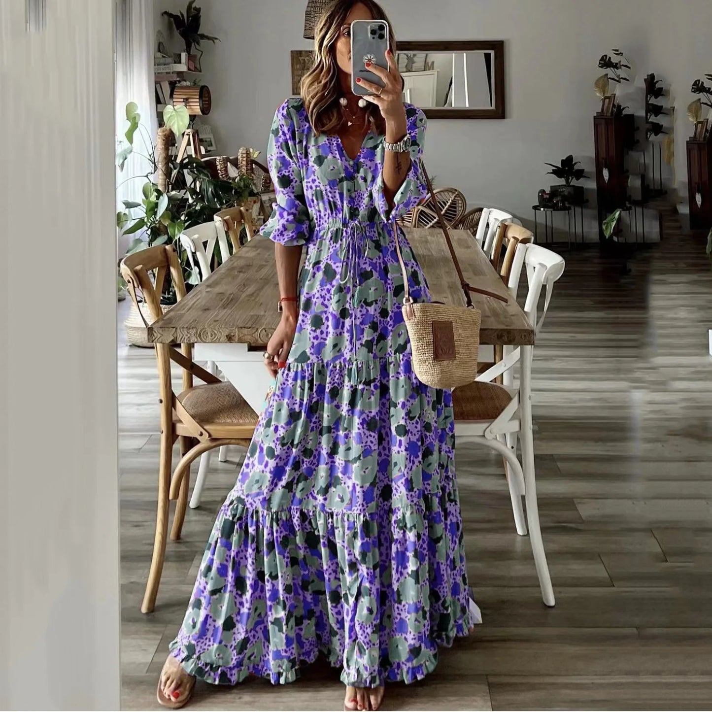 Printed Lace Up Swing Maxi Dress