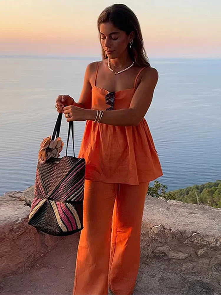 Orange Ruffles Pleated Two Piece Pants Set