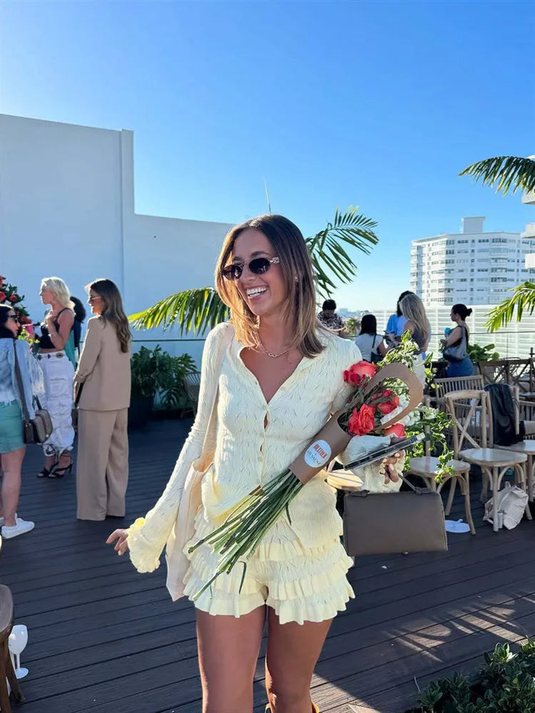 Hollow Out Knit Ruffle Cardigan Button Top Two Piece Shorts Set