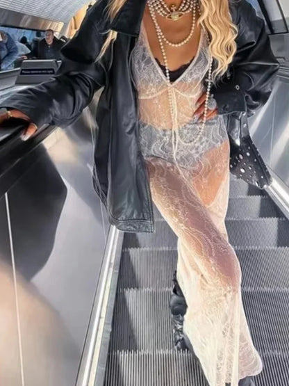 Floral Sheer V-Neck Streetwear Lace Dress