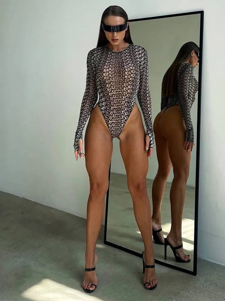 Character Print Long Sleeve Sheer Top