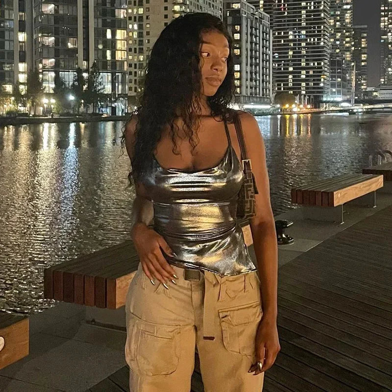 Solid Slim Fit Backless Y2K Lace-up Cami Top