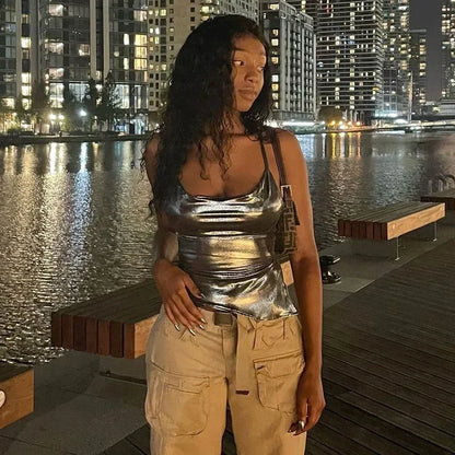 Solid Slim Fit Backless Y2K Lace-up Cami Top