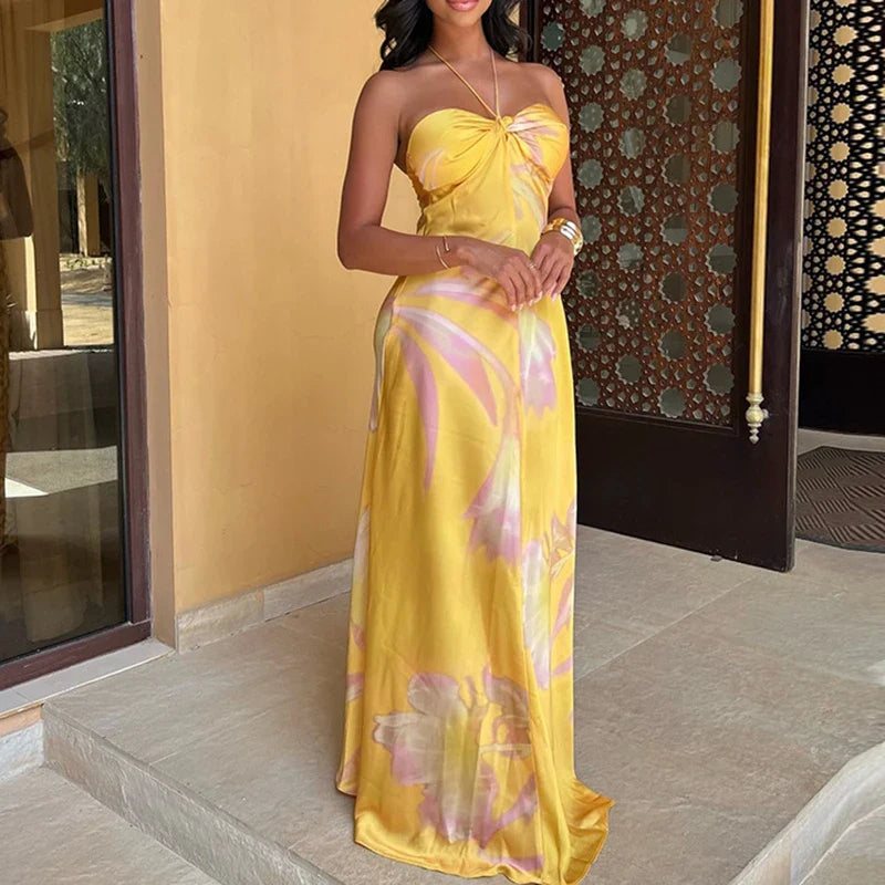 Halter Satin Hollow Slim Floral Dress