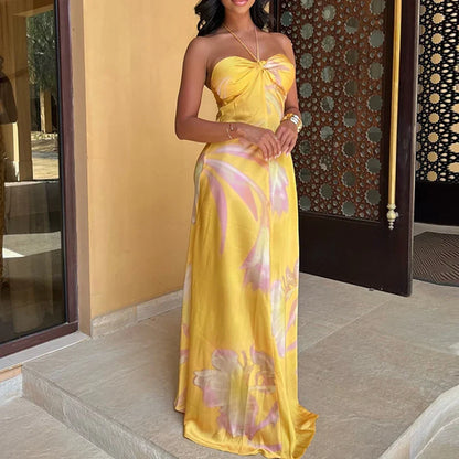 Halter Satin Hollow Slim Floral Dress