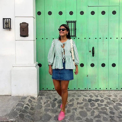 Bowknot Striped Puff Sleeve Cut Out Blouse