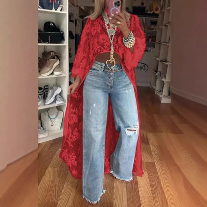 Lace Floral High Neck Puff Sleeve Blouse