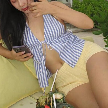 Y2K Striped Backless Tie-Up Front Halter Cami Top