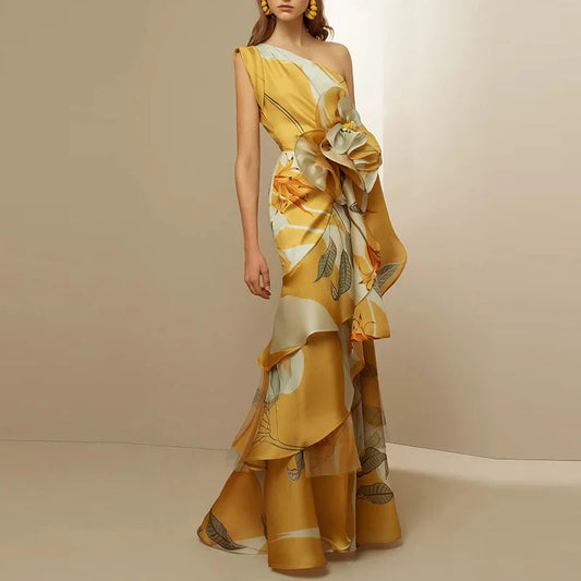 Diagonal Hollow Off Shoulder Floral Dress