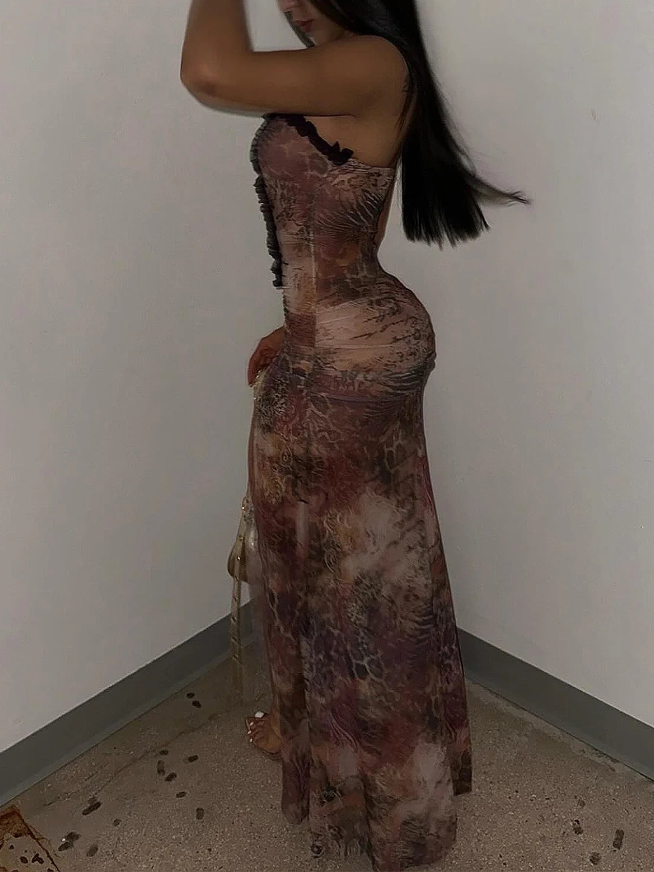 Sheer Mesh Lace-up Black Maxi Dress