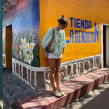 Bowknot Striped Puff Sleeve Cut Out Blouse